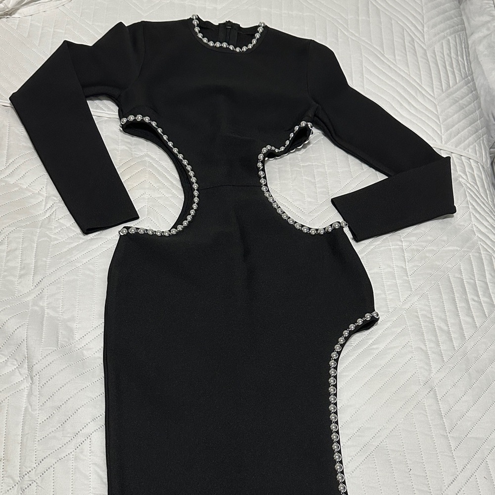 Chic Black Long Sleeve Dress with Rhinestone Details